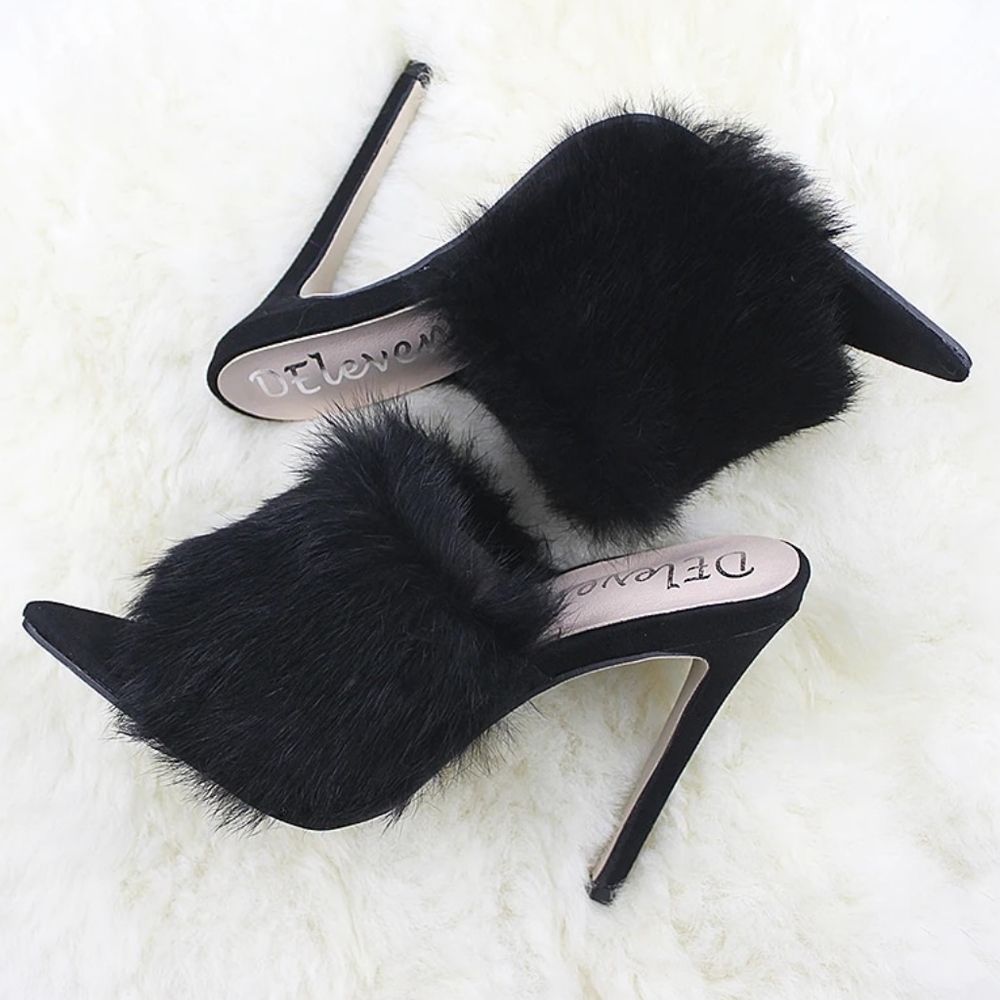 Deleventh Fur High Heel Slippers Black Size 7